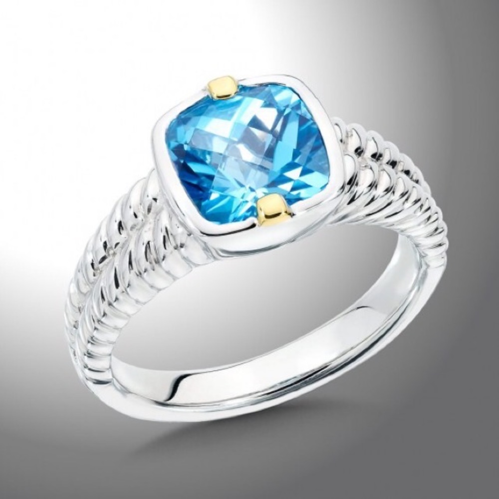 NIB Colore SG Sterling Silver with 18k Gold Blue Topaz Ring- 7